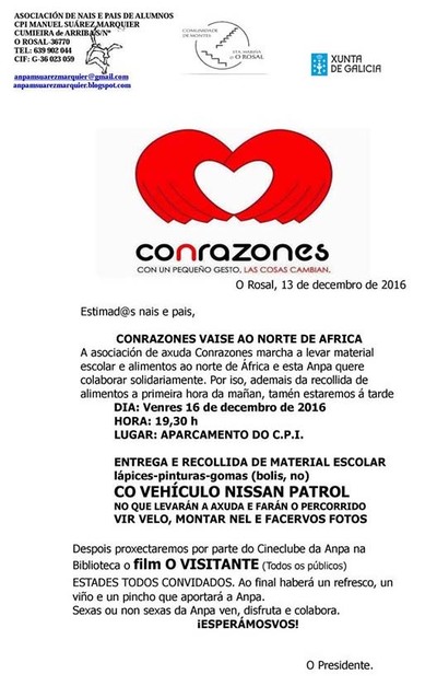 A Anpa do CPI Manuel Surez Marquier do Rosal colabora con Conrazones para levar material escolar a frica