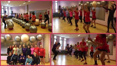 El primer equipo del Mecalia Atl. Guard�s de balonmano asiste a una clase de Zhumbale en el Centro Domajo