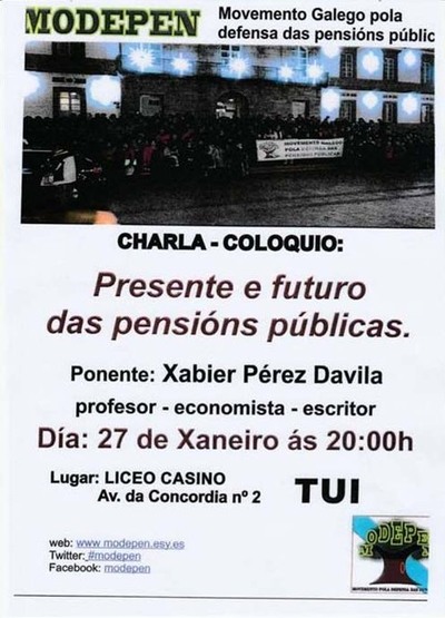 El Liceo Casino de Tui acoge este viernes una Charla Coloquio: -Presente y futuro de las pensiones pblicas-
