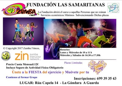Inscripciones abiertas para el Curso de Zumba Fitness en la Fundacin Las Samaritanas de A Guarda