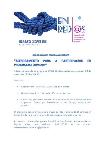 O Espazo Xove de Tui acolle este venres a 3 Xornada do Programa Enredos