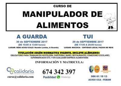 Curso de Manipulador de Alimentos este viernes en Tui y Sbado en A Guarda