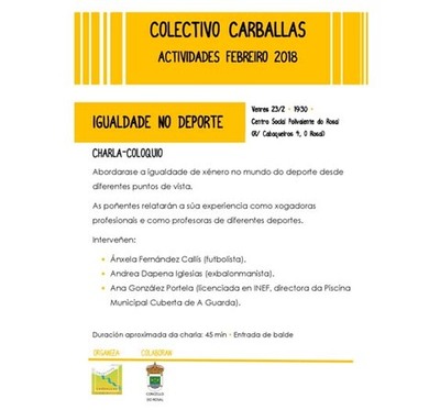 O Colectivo Carballas organiza unha Charla-Coloquio sobre Igualdade no Deporte no Rosal