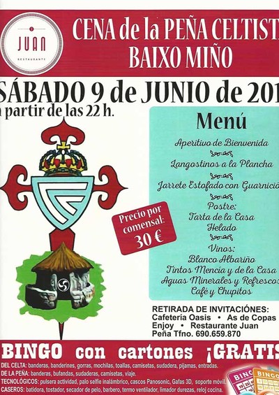 Cena de la Pea Celtista Baixo Mio el 9 de junio en el Restaurante Juan