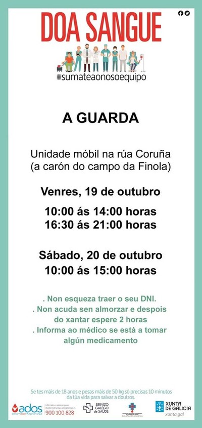 A Unidade Mbil do Centro de Transfusin de Galicia visita A Guarda o 19 e 20 de outubro