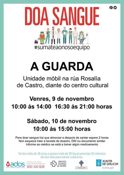 A Unidade Mbil do Centro de Transfusin de Galicia visita A Guarda o 9 e 10 de novembro