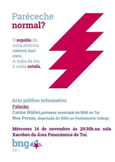 A portavoz parlamentar de industria, Noa Presas,estar  en Tui para explicarnos a  nova estafa da electricidade