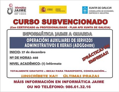 ltimas prazas libres para o Curso de Operacins Auxiliares de Servizos Administrativos e Xeris na Guarda 