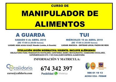 Curso de Manipulador de alimentos el 6 de abril en A Guarda y el 10 de abril en Tui