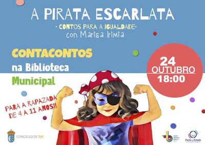 Marisa Irimia co contacontos -A pirata Escarlata- acta este xoves en Tui co gallo do -Da da Biblioteca-