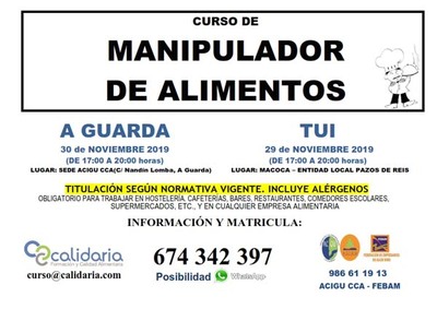 Curso de Manipulador de Alimentos este venres en Tui e o sbado na Guarda