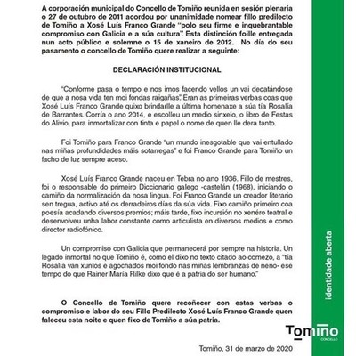 Tomio amosa o seu pesar polo pasamento do seu fillo predilecto Xose Luis Franco Grande