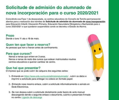 At o da 18 de maio poder matricularse o alumnado de Educacin Infantil, Primaria e Secundaria nos centros educativos de Tomio