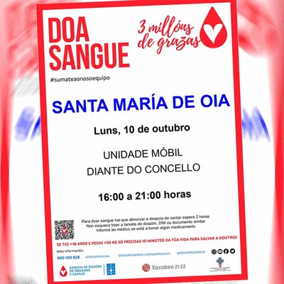 A unidade mbil de doazn de sangue estar en Oia o luns 10 de outubro 