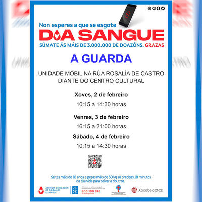 La unidad mvil de donaciones de sangre estar instalada en A Guarda del 2 al 4 de febrero