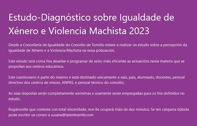 O Concello de Tomio realiza unha diagnose sobre igualdade e violencia de xnero nos centros educativos de Tomio