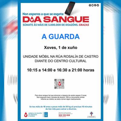 A unidade mbil de doazns de sangue estar instalada na Guarda o xoves 1 de xuo