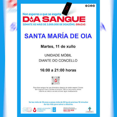 La unidad mvil de donacin de sangre visita Oia el martes 11 de julio