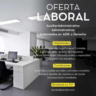 Oferta de empleo en O Rosal: Se buscan Auxiliares Administrativos