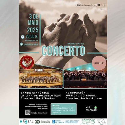 Concierto aniversario en O Rosal: la AMdoR se reencuentra con La Lira de Pozuelo tras 33 aos de hermandad musical