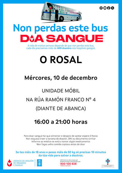 O Rosal recibe la unidad mvil de la Axencia Galega de Doazn de Sangue el 10 de diciembre