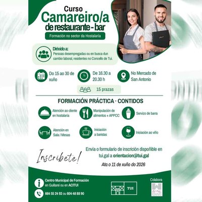 Abierto el plazo para inscribirse en el curso gratuito de camarero promovido por el Concello de Tui
