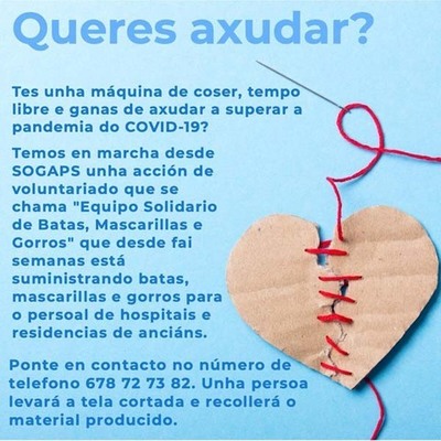 Solidariedade Galega co Pobo Saharaui busca voluntarios para coser mascarillas, batas e gorros
