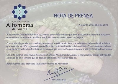 A Asociación Cultural Alfombras da Guarda anuncia que este ano non se realizarán as aflombras florais do Corpus