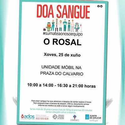 A unidade móbil de doazóns de sangue estará no Rosal o vindeiro xoves 25 de xuño