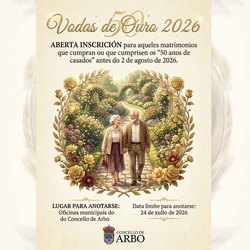 Infominho - Arbo abre el plazo de inscripción para homenajear a las parejas que celebran sus Bodas de Oro - Infominho - Arbo abre el plazo de inscripción para homenajear a las parejas que celebran sus Bodas de Oro -