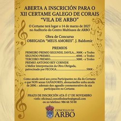 Infominho - Arbo abre la inscripción para el XII Certame Galego de Corais con 2.100 euros en premios - Infominho - Arbo abre la inscripción para el XII Certame Galego de Corais con 2.100 euros en premios -
